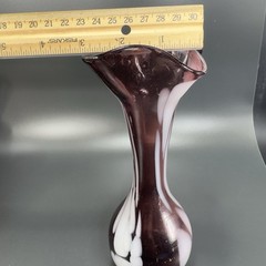 1980s Art Glass Vase Purple With White Spots Wavy Ruffled Top Edges Glass Vase