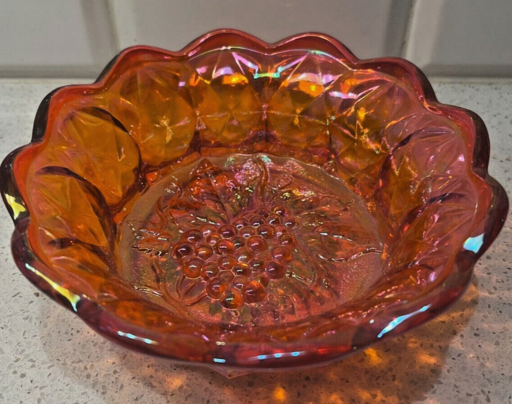 VINTAGE FENTON ORANGE IRIDESCENT CARNIVAL GLASS CANDY DISH w/ GRAPES