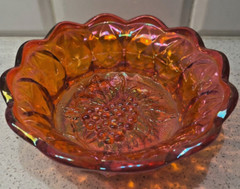 VINTAGE FENTON ORANGE IRIDESCENT CARNIVAL GLASS CANDY DISH w/ GRAPES