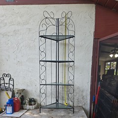 Vintage 6′ Metal corner baker’s rack with scrollwork design and glass shelves