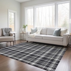 8′ X 10′ Black Gray and White Plaid Washable Non Skid Rug