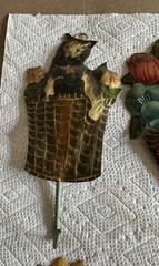 3 Vtg Hand Painted Tin Wall Hangings Hooks Sunflowers Cat in Basket Flower Pot