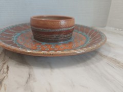 10.5″ TAE POTTERY vtg studio art Blue Moon party plate chip dip bowl Signed