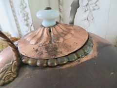 Old Copper TILTING TEA KETTLE on Ornate BRASS STAND White Porcelain Handles