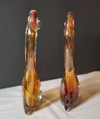 Unique Pair of Murano Hand Blown Swans/Ducks in Amber Tones and Bubbled Design