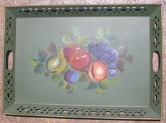 Large 23″ Vintage Metal Tole Tray Hand Painted Fruit Signed Fred Austin Nashco