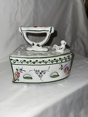 Vintage Hand Painted Portugal Ceramic Iron w/ Chicken Farmhouse Deco Figurine