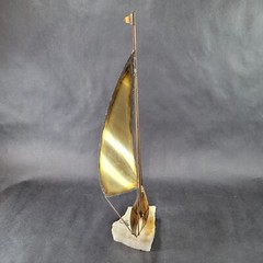 Vintage Brass Sailboat Sculpture 15 Inches Onyx Base Signed By Artist