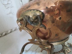 Old Copper TILTING TEA KETTLE on Ornate BRASS STAND White Porcelain Handles