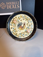 VTG Black Cream Paper Mache Tole Tray French Country Rooster Vines Flowers 9 in