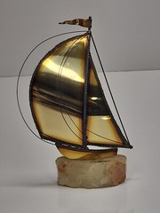 Metal Brass Sailboat Sculpture on Quartz Base Signed DeMott 9.5 in Nautical