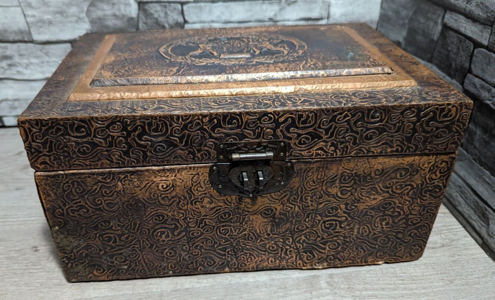 Vintage Wood Keepsake Trinket Box Metal Embossed w/Cherub Relief Treasure Decor
