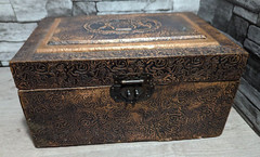 Vintage Wood Keepsake Trinket Box Metal Embossed w/Cherub Relief Treasure Decor