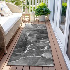 8′ Runner Black Gray and White Abstract Washable Non Skid Indoor Outdoor Rug