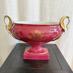 French Limoges Hand Painted Porcelain Pedestal Compote Bowl Red Floral Gilt