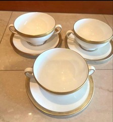 Wedgwood Soup Cup & Saucer Set with 3 Cups, White & Gold, Made in England