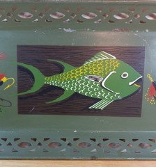 VTG MCM Pierced Metal Toleware Tole Serving Tray Handpainted Fish and Lures VGUC