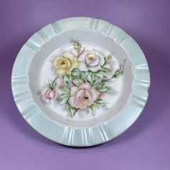Vintage 1940s Hand Painted Roses 8.75” Ceramic Dish Trinket Bowl Signed