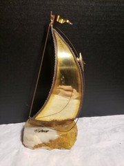 John Demott Signed Single Sail Brass Sailboat Mounted Onyx Stone w/ Seagull VTG