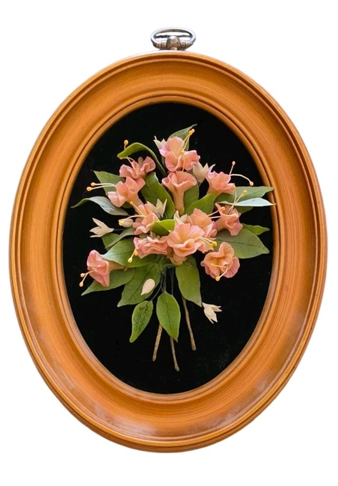 Vintage Oval Gold Framed 3D Flowers Black Background Floral Art Decor 9″x 5″