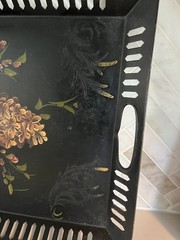 Antique Black Toleware Tray Long Hand Painted Reticulated Metal 24.5 x 12.5”