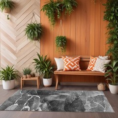 8′ Runner Black Gray and White Abstract Washable Non Skid Indoor Outdoor Rug