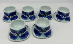 1972 NAKAO Ceramic Japan, Tray & 6 Egg Cups, Blue Flowers, M Sakaegi, Modernist