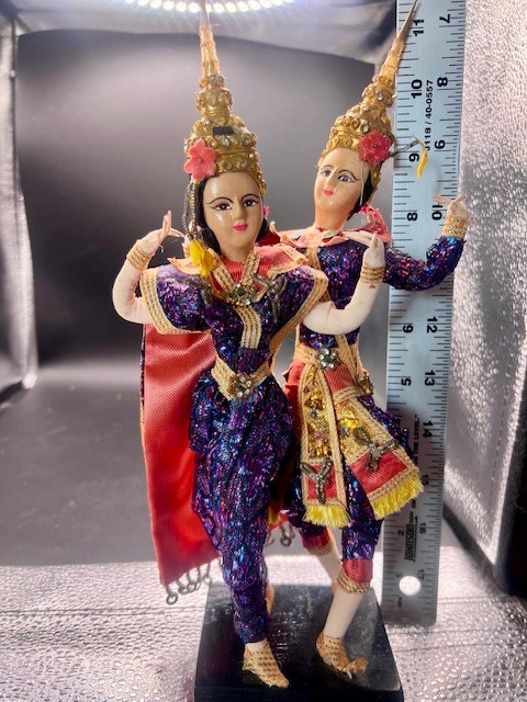 Thailand Traditional Colorful Dancing Dolls Pair Handmade Purple Wood Base 11″