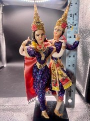 Thailand Traditional Colorful Dancing Dolls Pair Handmade Purple Wood Base 11″