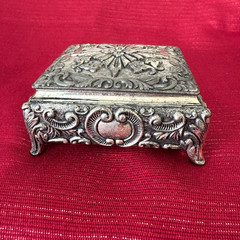VTG Ornate Silver Plated Jewelry Box Red Velvet Lined Trinket Box Art Nouveau