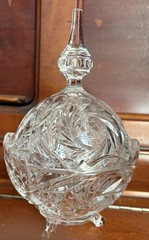 Czech Pinwheel Star of David Crystal Cut Glass 3 footed Candy Dish w Steeple Lid