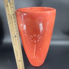 Antique Tall Pottery Vase Embossed Flower USA Hand Made Vase Vessel Orange Red