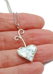 Roman Glass Big Heart Silver 925 Pendent Ancient Fragment 200 B.C. Bluish Patina