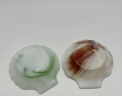 2 Akro Agate Clam Shell Green & Brown White Swirl Glass Trinket Dish Ashtray