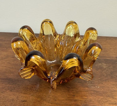 Vintage MCM Amber Hand Blown Art Glass Freeform Bowl 8 Prunts Czech Style 5″