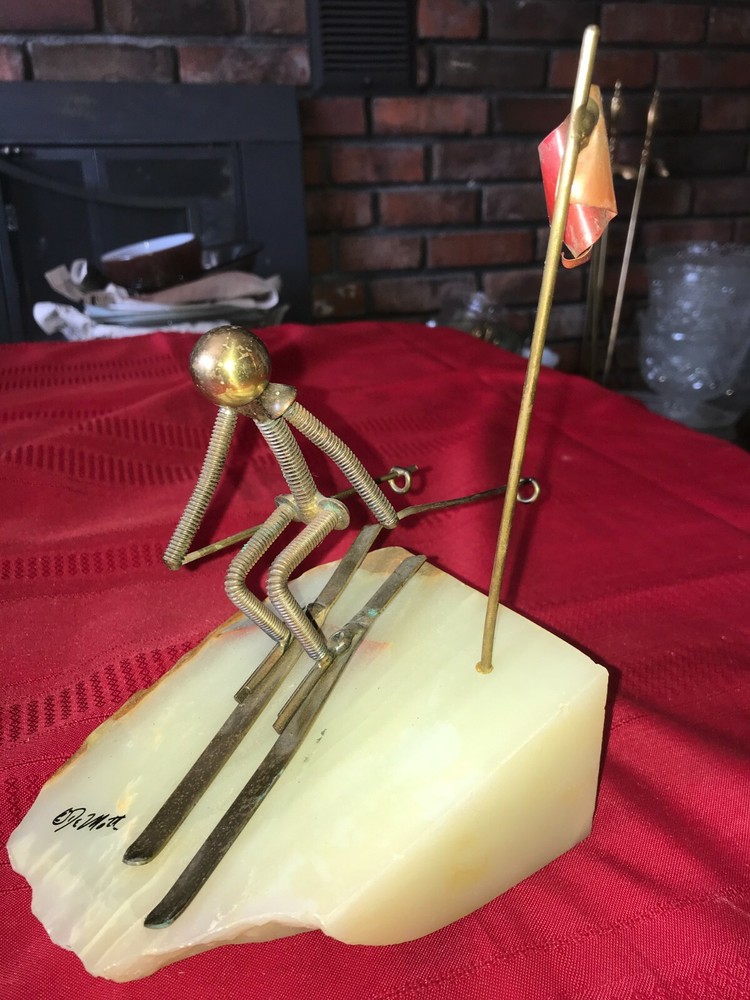 VTG John DeMott Signed Metal BRASS Downhill Skier Sculpture Quartz Base 8¾” Tall