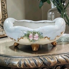 Vtg Porcelain Footed Bowl Hand Painted Roses Germany (Bavaria) Lustre & Gold EC