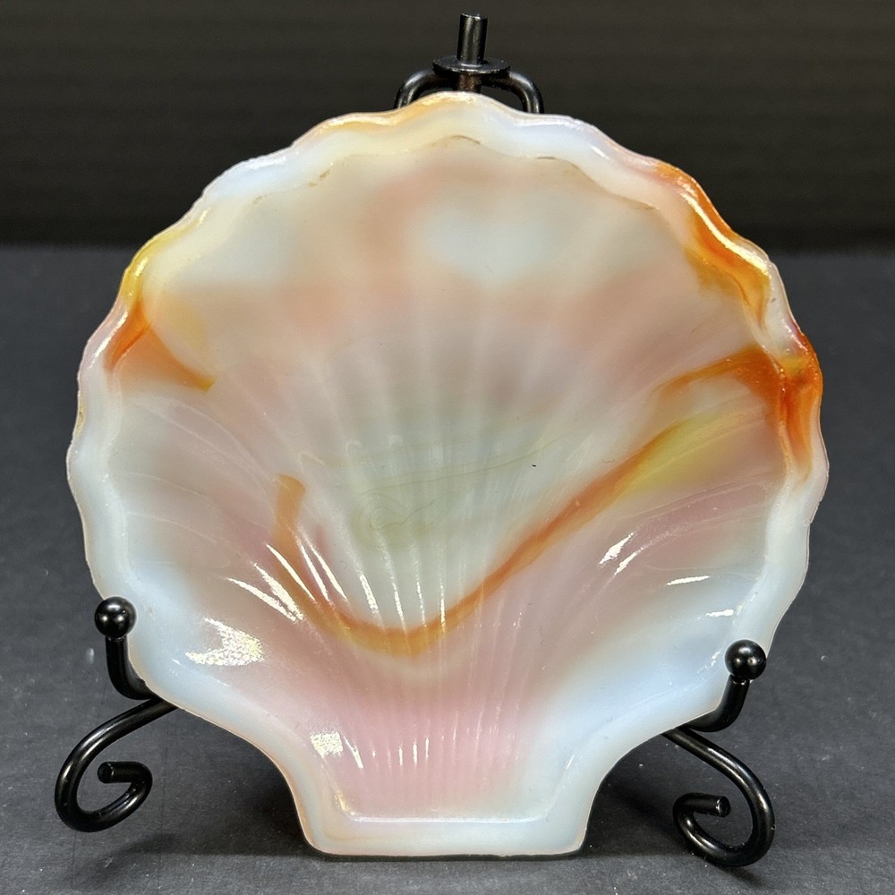 VTG Akro Agate Slag Glass Orange Swirl Clam Shell Trinket Dish Soap #246 USA