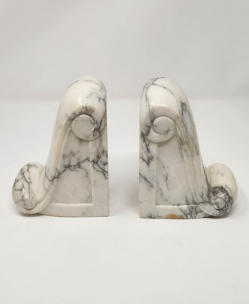 Stunning Vintage Restoration Hardware Solid Marble Scrolled Bookends Pair- Heavy