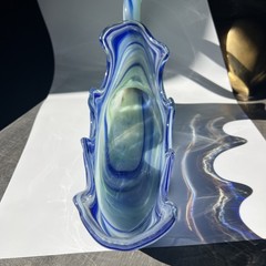 Sooner Swan Murano Style Hand Blown Art Glass Bowl Cobalt Blue Swirl 16”x4”x6”