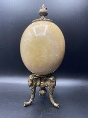 Set Of 2 Alabaster Egg on Three Legged Brass Stand with Elephants HEAVY!!