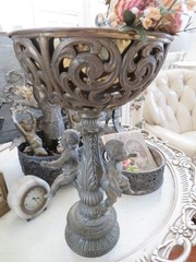 FABULOUS Vintage Metal STATUE 2 CHERUBS with Ornate Bowl HOLDER on Top