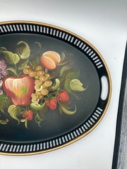Vintage Tole Tray Hand Painted Fruit Gold Trim Pierced 17 1/2″ L x 13 W
