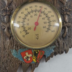 Swiss Black Forest style wood wall plaque thermometer carved ibex mountain goat