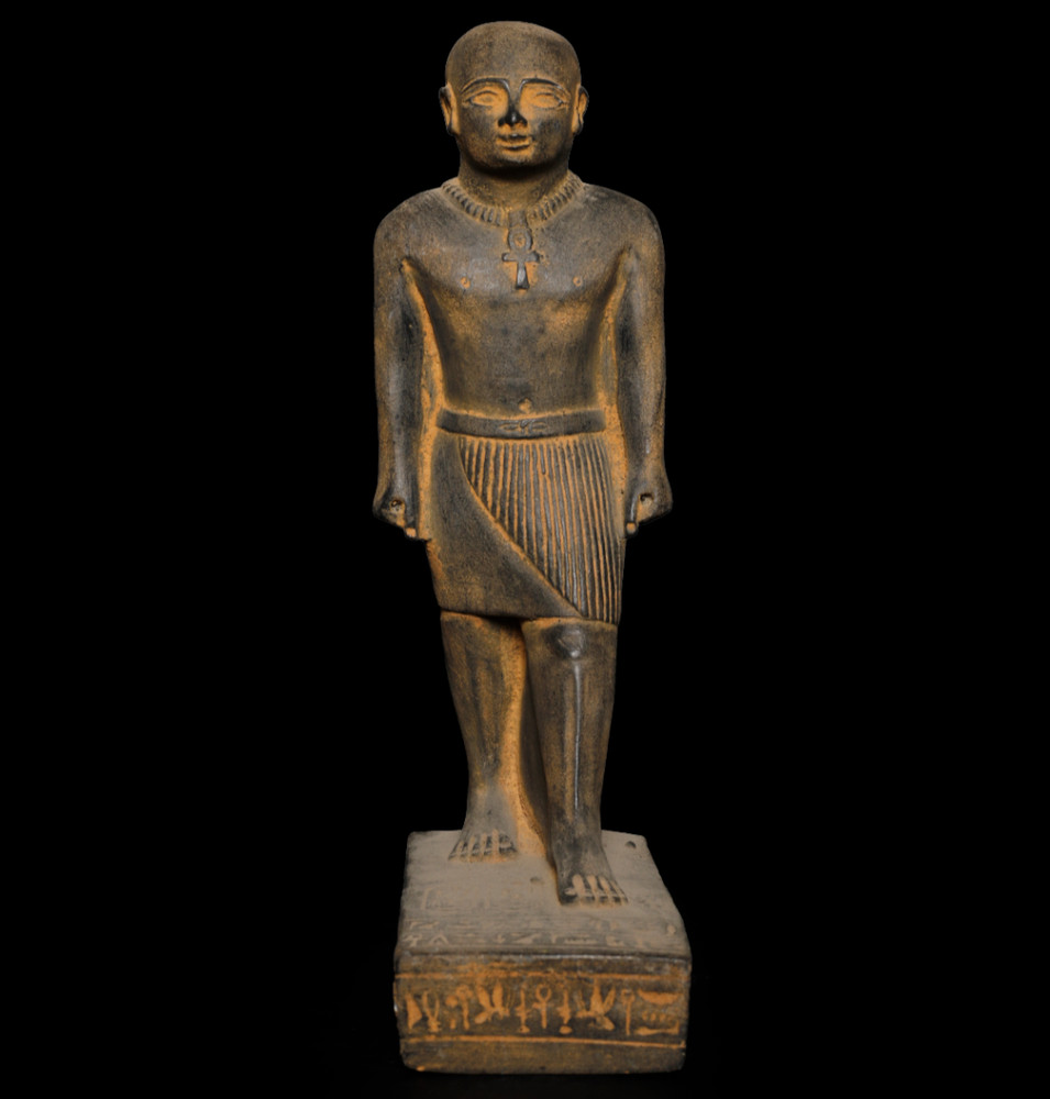 Rare Ancient Egyptian Standing Noble Statue Black Basalt Style Ankh Hieroglyphs
