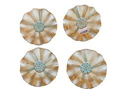 (4pc) Rare Mackenzie Childs Parchment Check Ceramic Fluted Saucers W/ Gold Dots