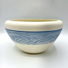 Signed Pottery Bowl Cream Stoneware w/ Blue Slip Woven Band In Coastal Style