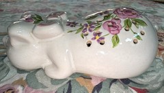 Vintage Porcelain Potpourri Pig Figurine Hand Decorated Pink Flowers 1978 Brazil