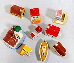 Ceramic Mini Greek Village (8) Houses Church Boat Handmade Hand-Painted
