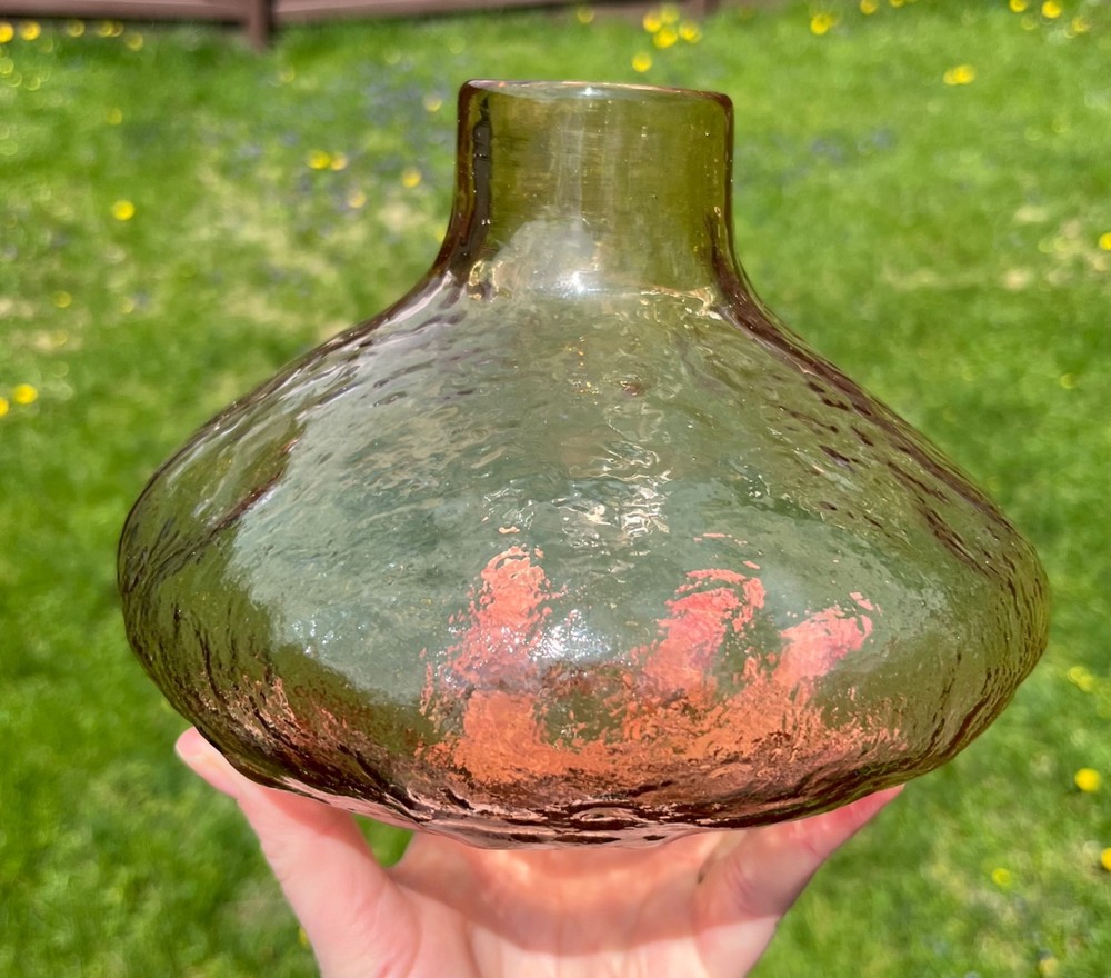 Hand Blown Amber Art Glass Vase Textured Pontil Base MCM Studio Glass